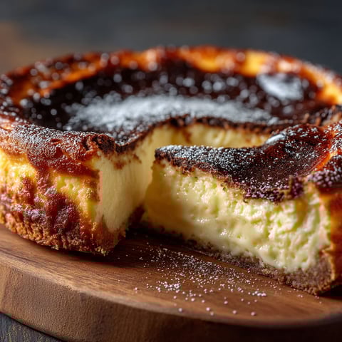 Une portion de cheesecake brûlé sur une planche de bois.