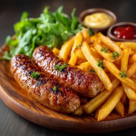 Une assiette de saucisse frites et salade verte.