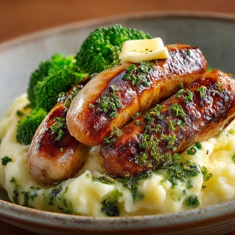 Knack, purée aux fines herbes & brocolis.