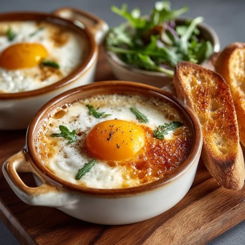 Une assiette de œufs cocottes et de salade.