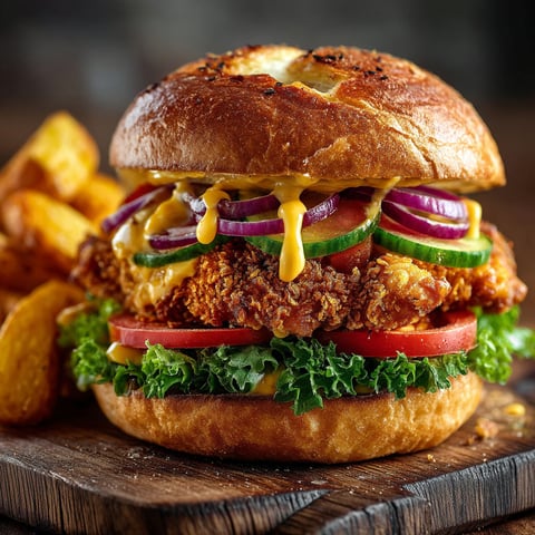 Un burger crousti avec des pommes de terre frites.