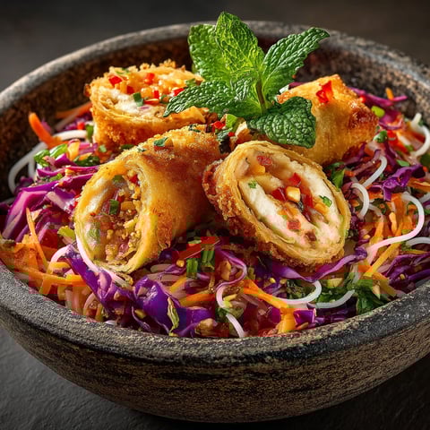 Salade thaïe avec des nems au poulet frit.