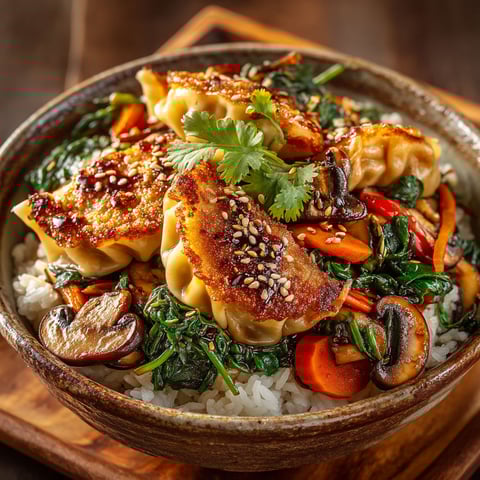 Bowl of food with vegetables and dumplings.