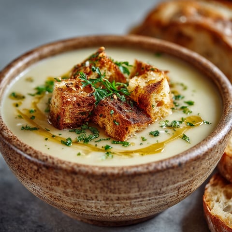 Une recette de potage parmentier avec des tranches de pain grillé.