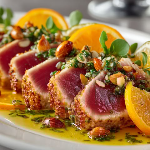 Thon snacké avec orange, câpres et amandes.