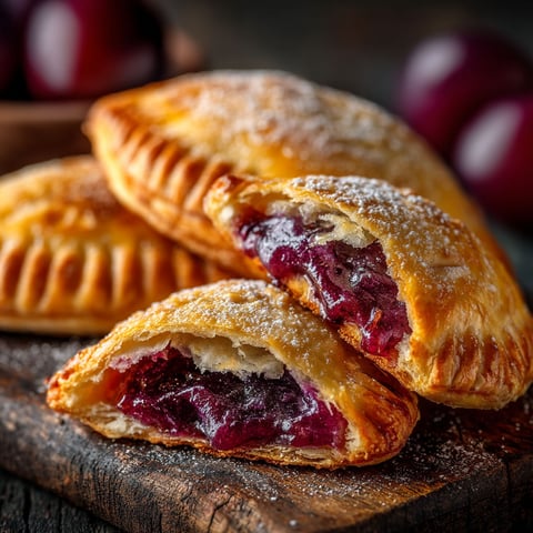 Chausson aux quetsches sur une planche de bois.