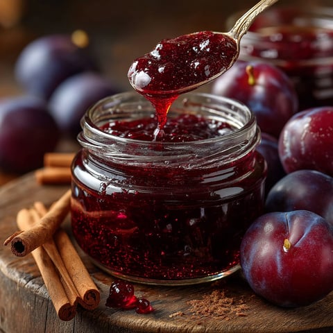 Une jarre de confiture de quetsche à la cannelle.
