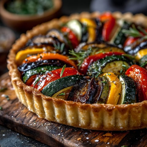 Une tarte à la provençale colorée de légumes.