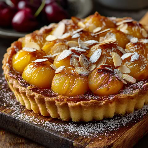 Une tarte aux mirabelles sur une planche de bois.