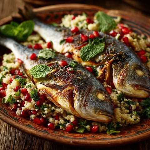 Une dorade grise est servie avec du boulgour et des grenades.