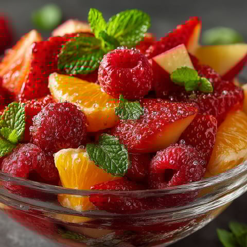 Salade de fraises, oranges, framboises et pomme.