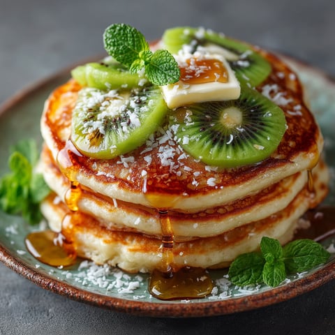 Pancakes with kiwi fruit on top.