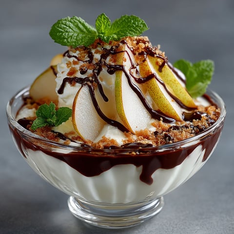 Une poire sur une crème chocolat.