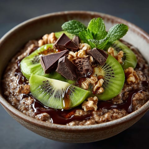 Un bol de porridge chocolat avec des kiwis.