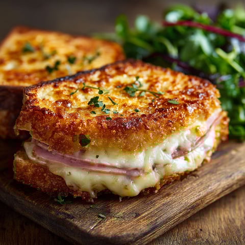 Une tranche de croque-monsieur sans gluten au four.