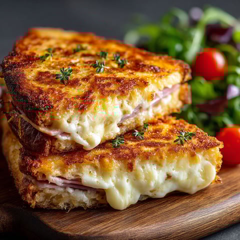 Croque-monsieur au jambon et fromage frais.