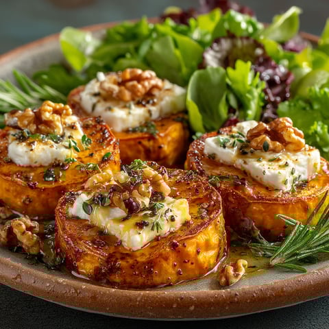 Patates douces avec fromage et miel.