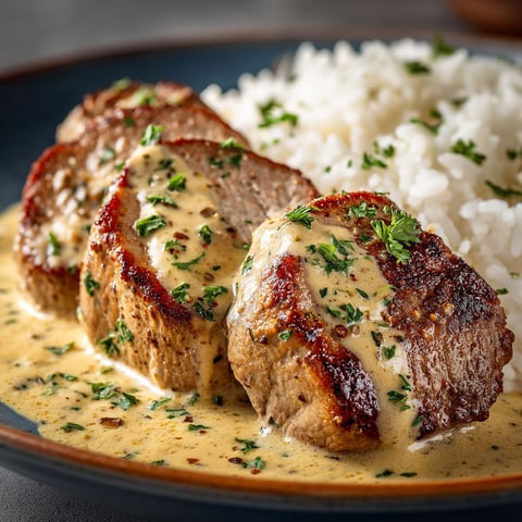 Filet mignon avec crème à la moutarde.