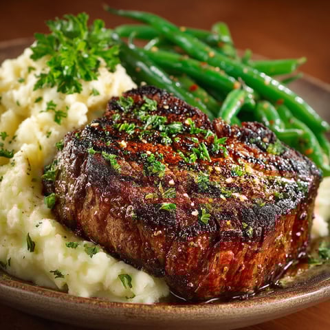 Bœuf grillé avec haricots verts et purée.