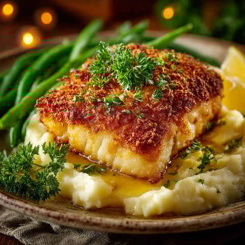 Poisson pané, purée & haricots verts.