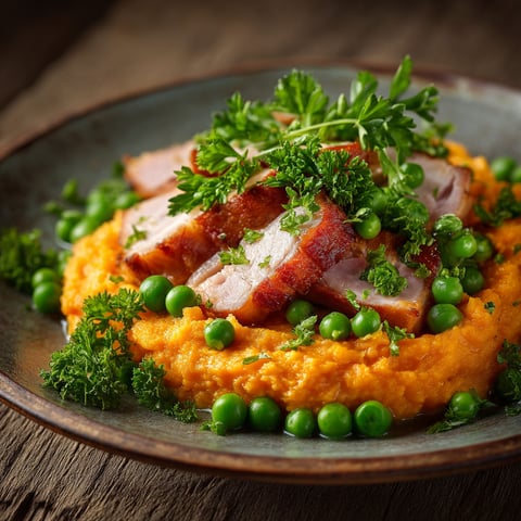 Une assiette de jambon, purée de carottes et petits pois.