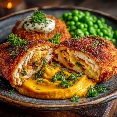 Une assiette de cordon bleu, purée de carottes et petits pois.