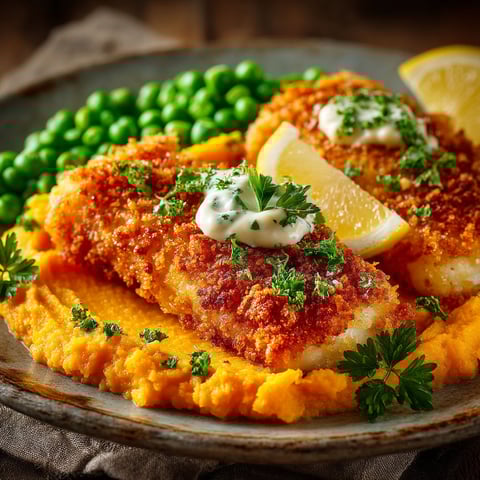 Poisson pané avec purée de carottes et petits pois.