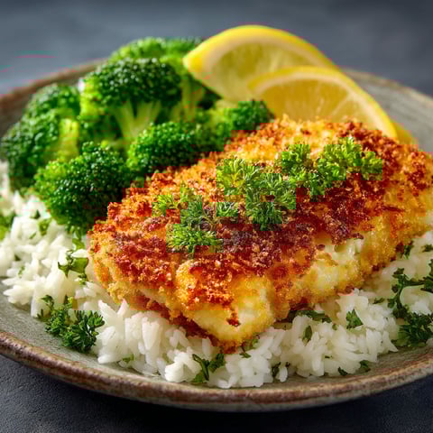 Poisson pané, riz & brocoli.