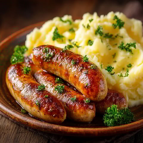 Knack et purée sur un plateau.