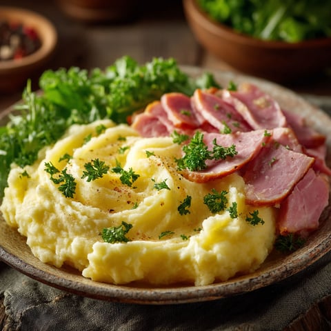 Une assiette de purée maison et de jambon.