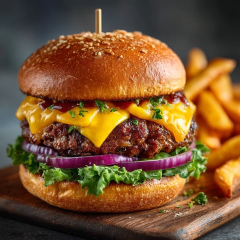 Une burger classique avec des pommes de terre frites.