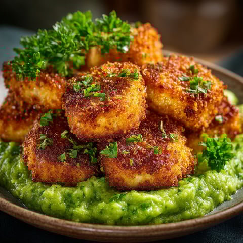 Plate of food with nuggets and purée de brocolis.