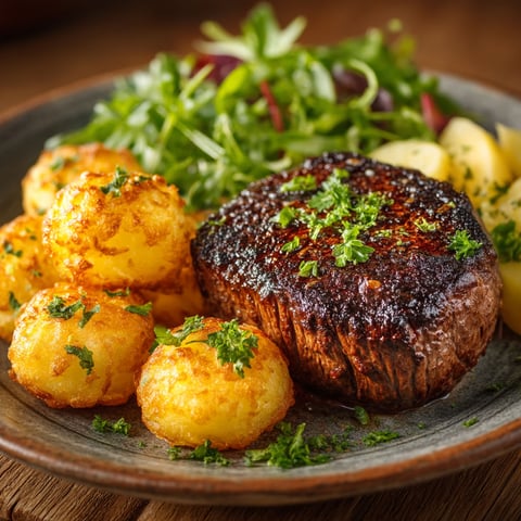 Steak haché, pommes dauphines et salade sur un plateau.