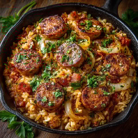 Un plat de saucisses et riz.