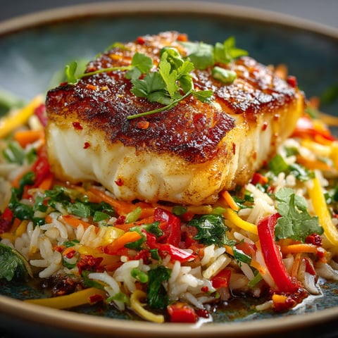 Une assiette de cabillaud et de riz sauté aux légumes.