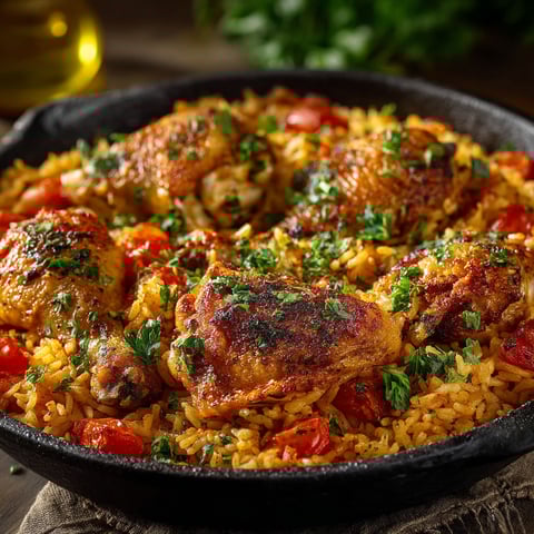 Un plat de poulet et de riz à la tomate.