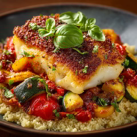 Cabillaud, semoule & ratatouille.