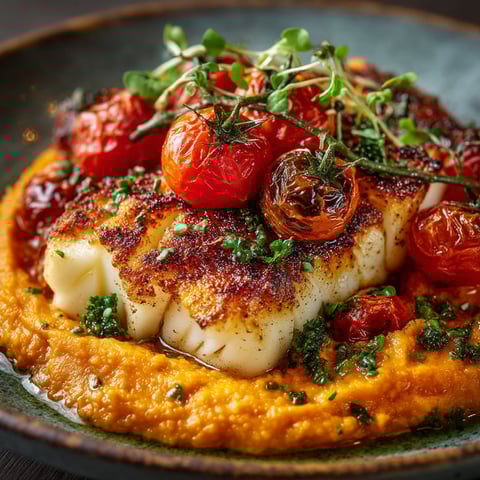 Une assiette de cabillaud et de purée de carotte.