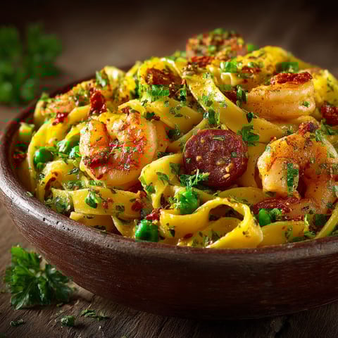 Une assiette de tagliatelle aux crevettes et chorizo.