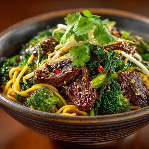 Nouilles sautées au bœuf & brocolis.