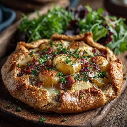 Une galette savoyarde avec des légumes et du bacon.
