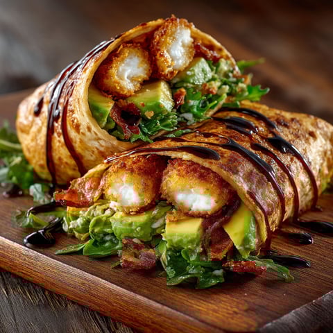 Wrap au chèvre pané, avocat & bacon.