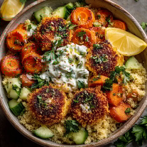 Une assiette de légumes et de fruits de mer, y compris des carottes rôties et des légumes verts.