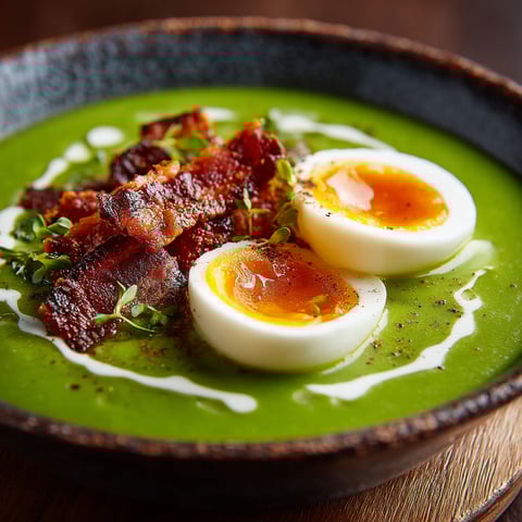 Une portion de velouté de petit pois et de lard.