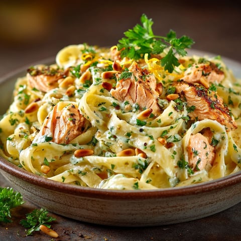 Une assiette de tagliatelle crémeuses et de saumon.