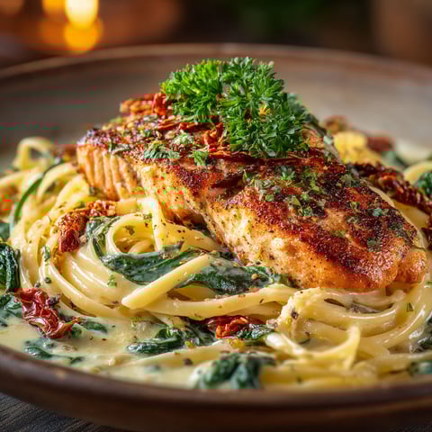 Saumon grillé avec des légumes verts et des herbes.