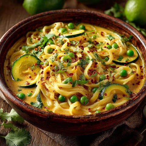 Une assiette de curry avec des courgettes et des petits pois.