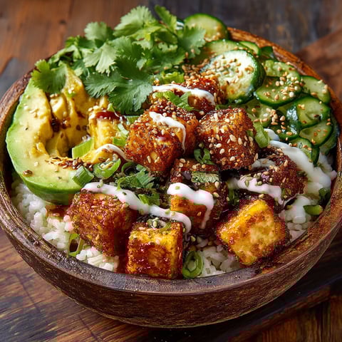 Une poke bowl végétarienne avec des légumes et des graines.