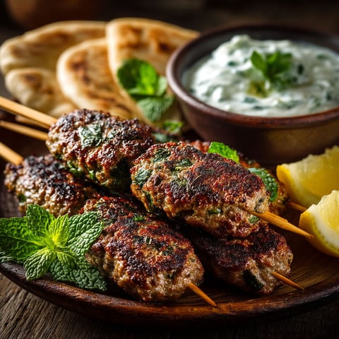 Kefta à la menthe sur une planche de bois.