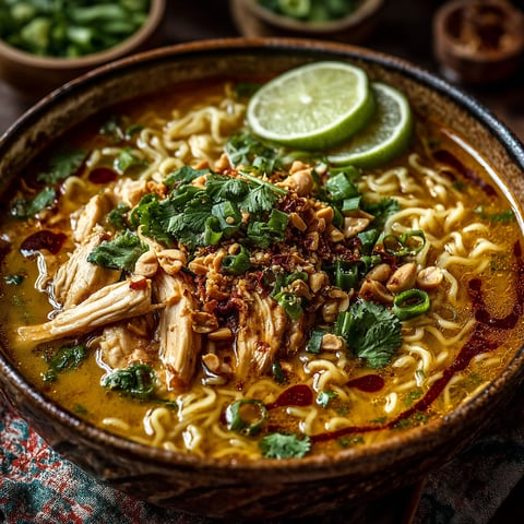 Ramen noodles with chicken and peanuts.